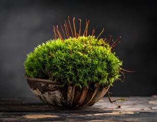 Close-up of a vibrant green plant with reddish stems, potted in a rustic, weathered bowl, placed on a dark, aged wooden surface