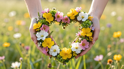 Hands holding a floral wreath with pink, yellow, and white flowers in a sunny field