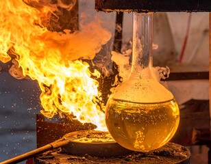 Close-up of a glass container with liquid, heated by intense flames, with smoke. Bright orange and yellow colors dominate