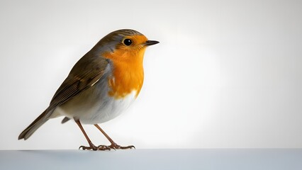 A close-up shot of a European robin with its distinctive orange-red breast standing on a light surface against a soft, blurred background.