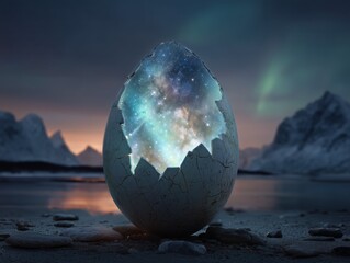 Cracked eggshell with stars, galaxies and light rays shining from the inside, the concept of life