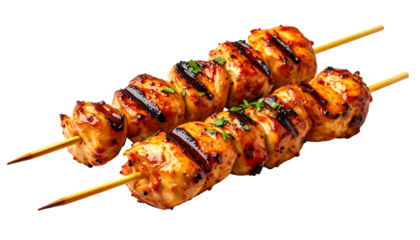 Grilled chicken skewers, golden brown, arranged diagonally on a black background