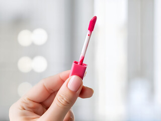 Hand holding pink lip tint applicator with blurred background  