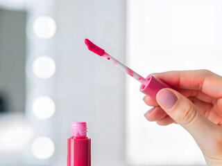 Hand holding pink lip tint with applicator in bright bathroom setting  