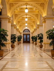 Ornate hall with arched ceiling, marble floor, and potted plants