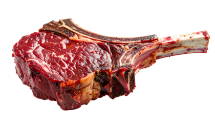 Close-up of a large, raw, tomahawk steak with bone and marbling against black