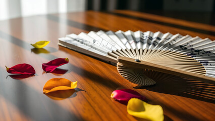 Traditional Chuseok fan resting on wooden table with flower petals  