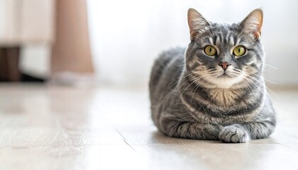 Close-up of a tabby cat relaxing on a wooden floor, with a blurred background showing legs and a window