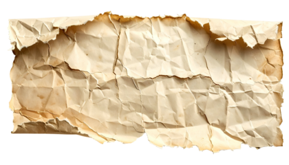 Torn, crumpled, aged paper with ragged edges, tan color, isolated on black background
