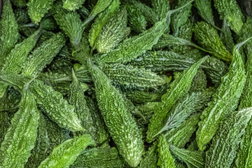 Close up of photo Fresh Bitter gourd or bitter melon background, Asian food ingredient