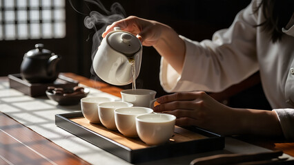 Woman pouring tea from a pot into cups on wooden table with steam  