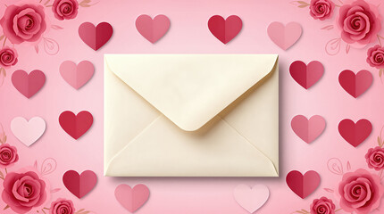 White envelope on pink background with paper hearts and roses
