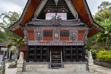 Fototapeta premium Traditional Toba batak houses with pointed roofs at Samosir island at Toba lake North Sumatra Indonesia
