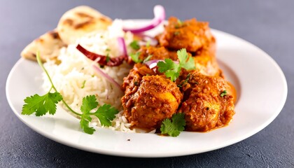 Close-up of a plate with a flavorful chicken dish, fluffy rice, naan bread, red onion, and fresh coriander garnish