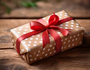 a thoughtfully wrapped gift box rests on a rustic wooden surface adorned with a vibrant red ribbon and delicate polka dots hinting at a special occasion or heartfelt gesture