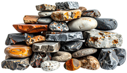 A close-up of a stacked pile of diverse, colorful, and weathered river rocks