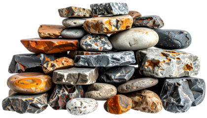 A close-up of a stacked pile of diverse, colorful, and weathered river rocks