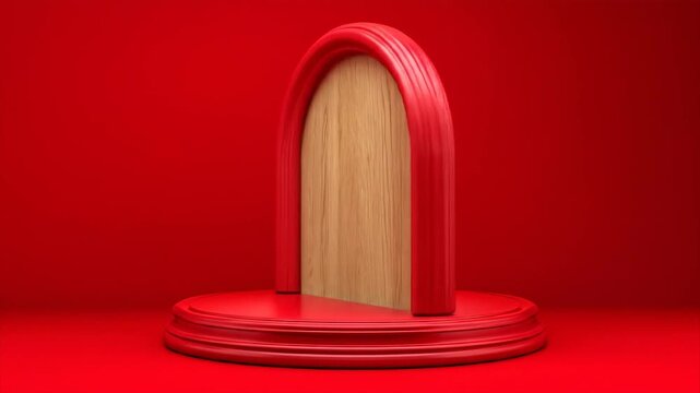 Abstract red arch shape on a round podium against a vibrant background