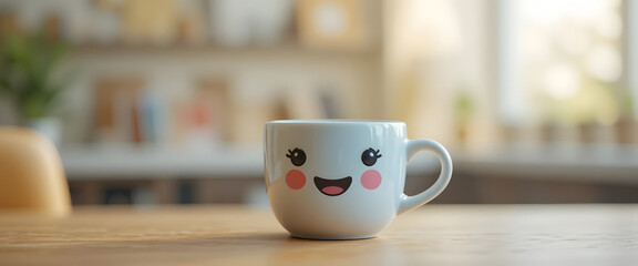 Cheerful Coffee Mug with Cute Face on Wooden Table in Bright Setting