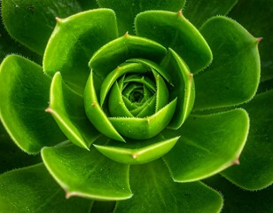 Close-up of a vibrant green succulent plant with symmetrical, fleshy leaves radiating from the center. Natural texture