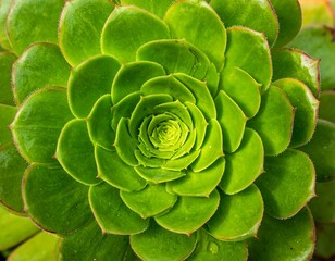 Close-up of a vibrant green succulent, showcasing a symmetrical, spiral pattern of overlapping leaves