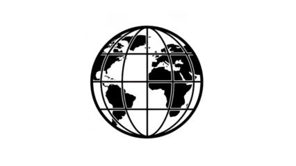 Black and White World Globe Icon Showing Continents and Latitude Longitude Grid Lines, Minimalist Global Connectivity Symbol Isolated on White