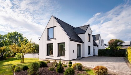a white scandinavian townhouse with minimalist lines black roof and clean landscaping under bright daylight