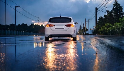 a white sedan reflects on a rain soaked street at dusk