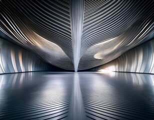 abstract architectural interior design with wave shaped metal walls and polished floor