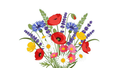 Beautiful Wildflower Bouquet Illustration with Red Poppies Blue Cornflowers and White Daisies, Summer Meadow Floral Composition Isolated on White