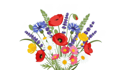 Beautiful Wildflower Bouquet Illustration with Red Poppies Blue Cornflowers and White Daisies, Summer Meadow Floral Composition Isolated on White