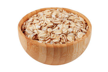 Organic oat flakes in a wooden bowl isolated on a white background with space for text. Packaging photograph