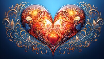abstract heart design with swirling floral patterns and fiery accents against a serene blue backdrop