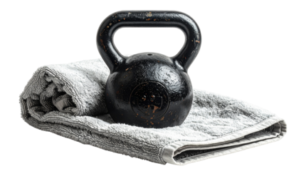 Fitness kettlebell with towel, isolated on white background, workout concept image