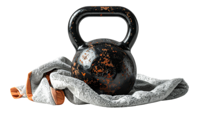 Fitness kettlebell with towel, isolated on white background, workout concept image