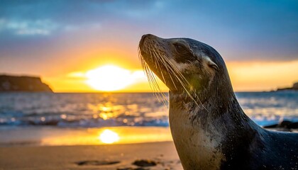 Close-up of a sea lion looking up during a beach sunset. The golden sun sets over a calm ocean near the shore