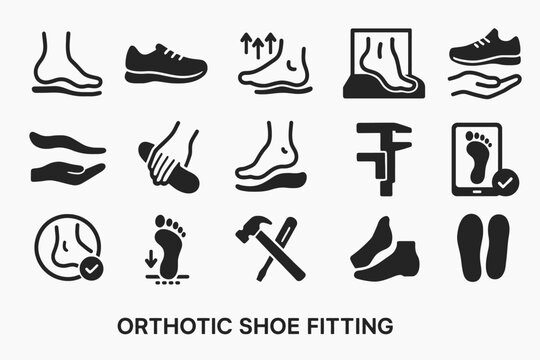 Orthotic shoe fitting icons with feet, arrows, and measurement tools
