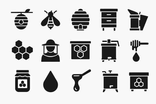 Beehive icons set: honey, beekeeping tools, and bee silhouettes