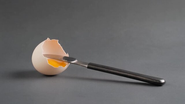 Broken eggshell with orange yolk pierced by horizontal knife with black handle on dark surface, evoking surreal tension, fragility, and artistic contrast between organic and metallic elements.