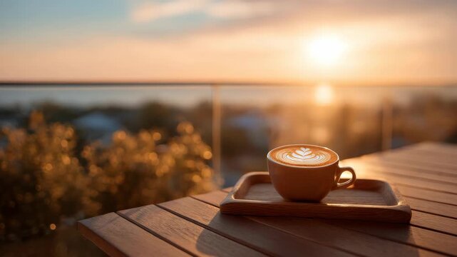 Tranquil sunset with latte on wooden table outdoors