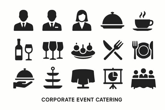 Corporate event catering icons set including food, drink, and business elements