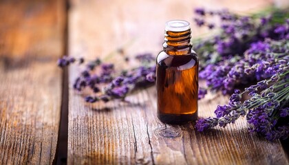 aromatic lavender essential oil in amber bottle on rustic wooden surface