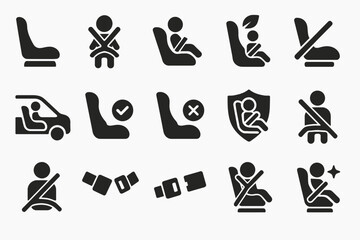 Black silhouette icons for child car seat safety and seatbelt usage