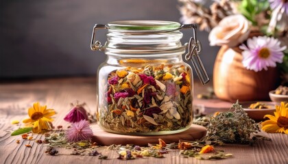 aromatic herbal tea blend in a glass jar with scattered dried flowers and herbs