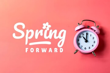 Spring Forward. Alarm clock on a pink background, with the text Spring Forward.