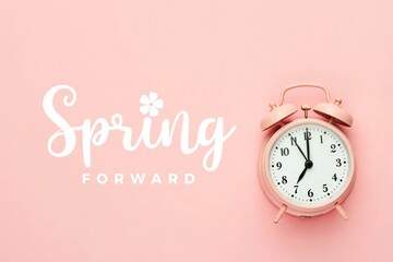 Spring Forward. Alarm clock on a pink background, with the text Spring Forward.