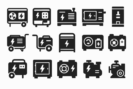 Set of portable generator icons in black and white design