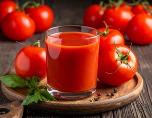 Close-up of a glass of red beverage with whole fruit, herbs, and spices on a wooden platter