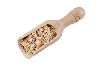 Organic oat flakes in a wooden spoon isolated on a white background with space for text. Packaging photograph