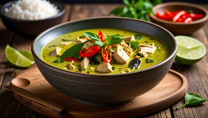 Close-up of a vibrant, green-colored Asian curry with tofu, red chilies, basil, and a side of rice and lime